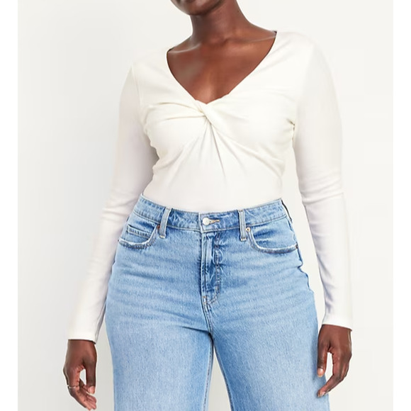 Old Navy Long-Sleeve Twist Front V-Neck Top Sz XXL Ivory Blouse Soft New - Picture 1 of 9